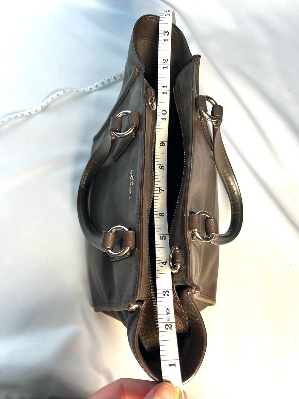 Coach Dark Taupe Small Leather Tote Satchel Bag Silver Hardware - Picture 13 of 14